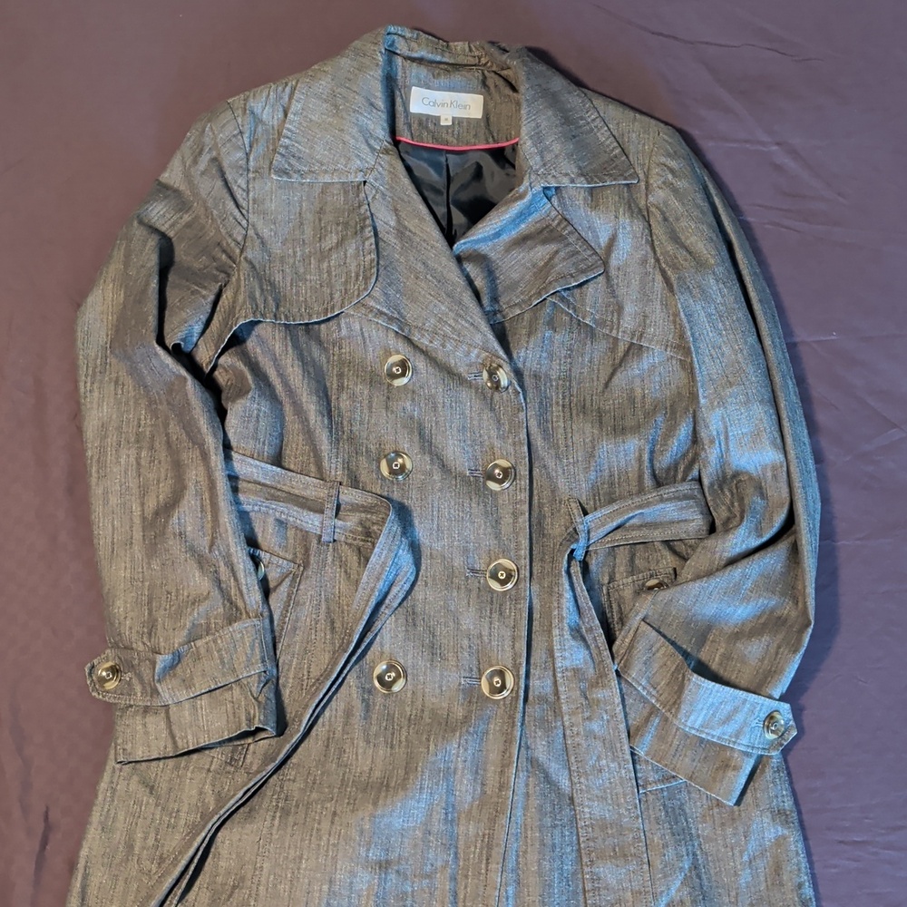Calvin Klein Grey Chambray Double-Breasted Belted Trench Coat- Medium